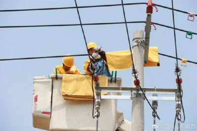 莒南縣供電公司10千伏1813草嶺線16號桿處進(jìn)行帶電T接作業(yè)